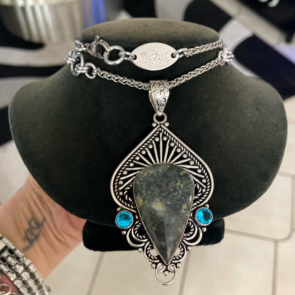 925 sterling silver overlay serpentine & blue topaz stone boho silver necklace